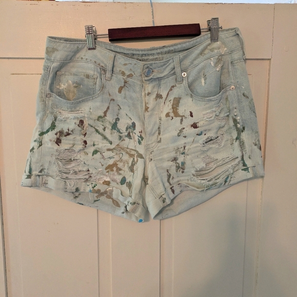 American Eagle Outfitters Pants - American Eagle Light Blue Bleached, Paint Splattered, Distressed Cutoff Denim 12